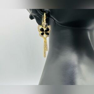 Crystal Studded Gold Butterfly Dangle Earrings in Black and Gold